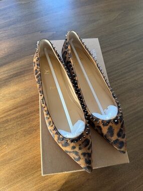 Christian Louboutin Leopard-Print Pointed Flats with Stud Trim - Brown/Black